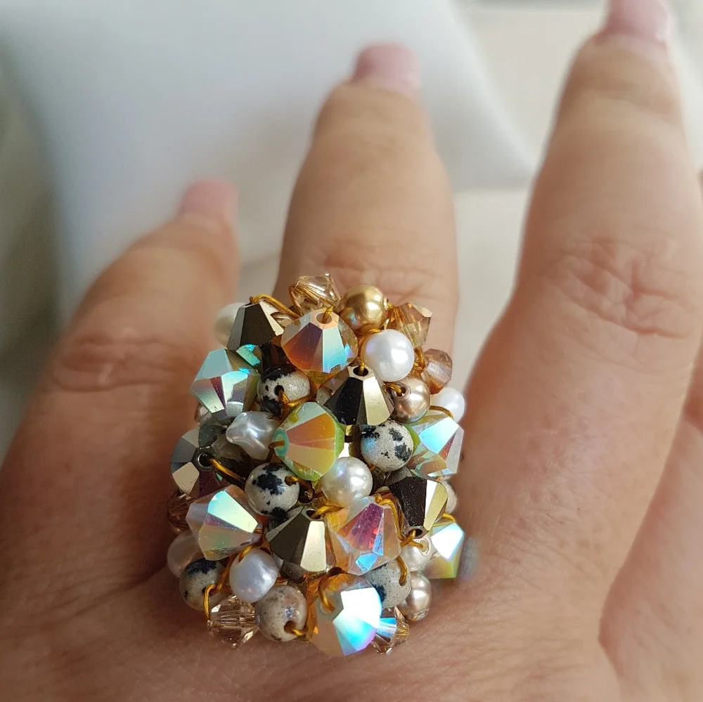Swarovski Elements Large Dark Brown & Dalmatian Beads Cluster Statement Ring NWT